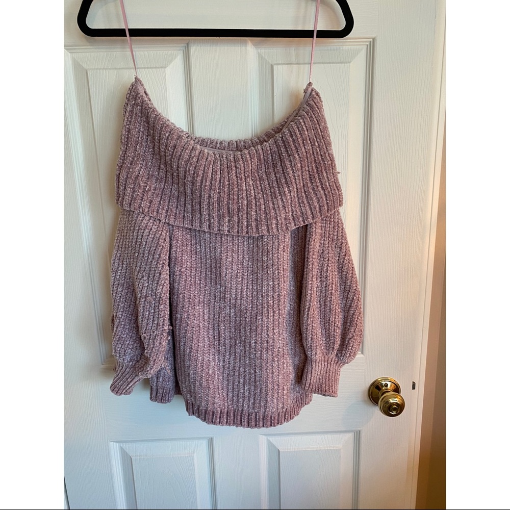 Lavender off-the-shoulder chenille sweater